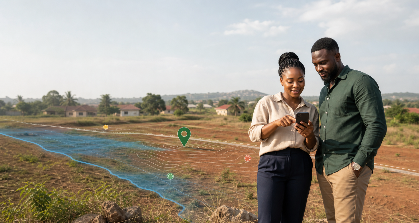Two Ghanaian land buyers checking a plot location on a phone