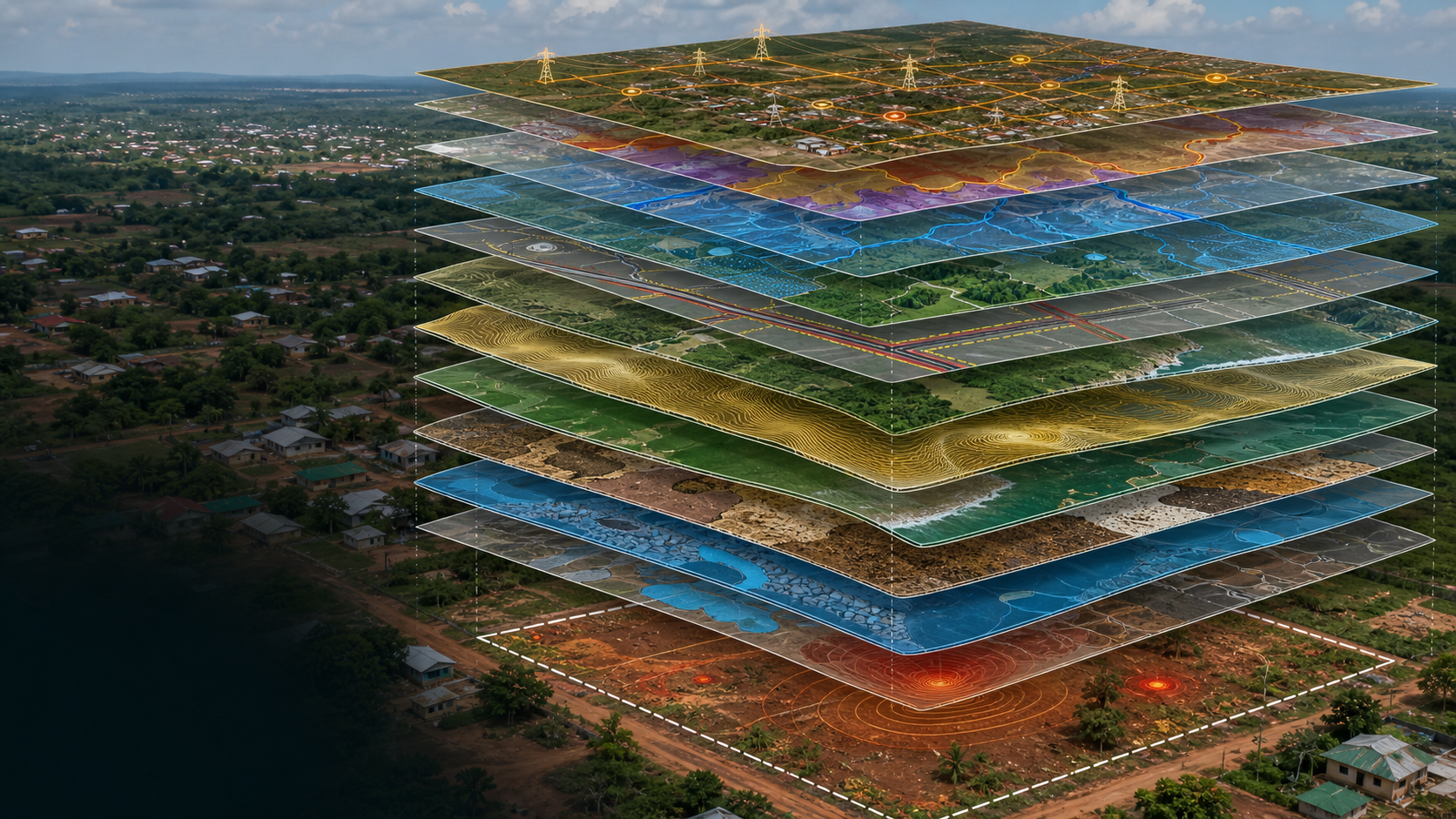 Stacked map layers showing the environmental, terrain and infrastructure data used to screen a Ghanaian land plot