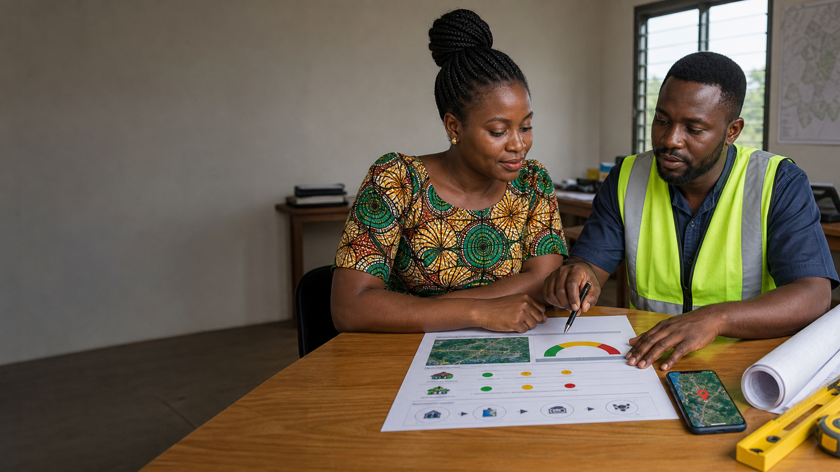 A Ghanaian land buyer reviewing a colour-coded screening report with a surveyor